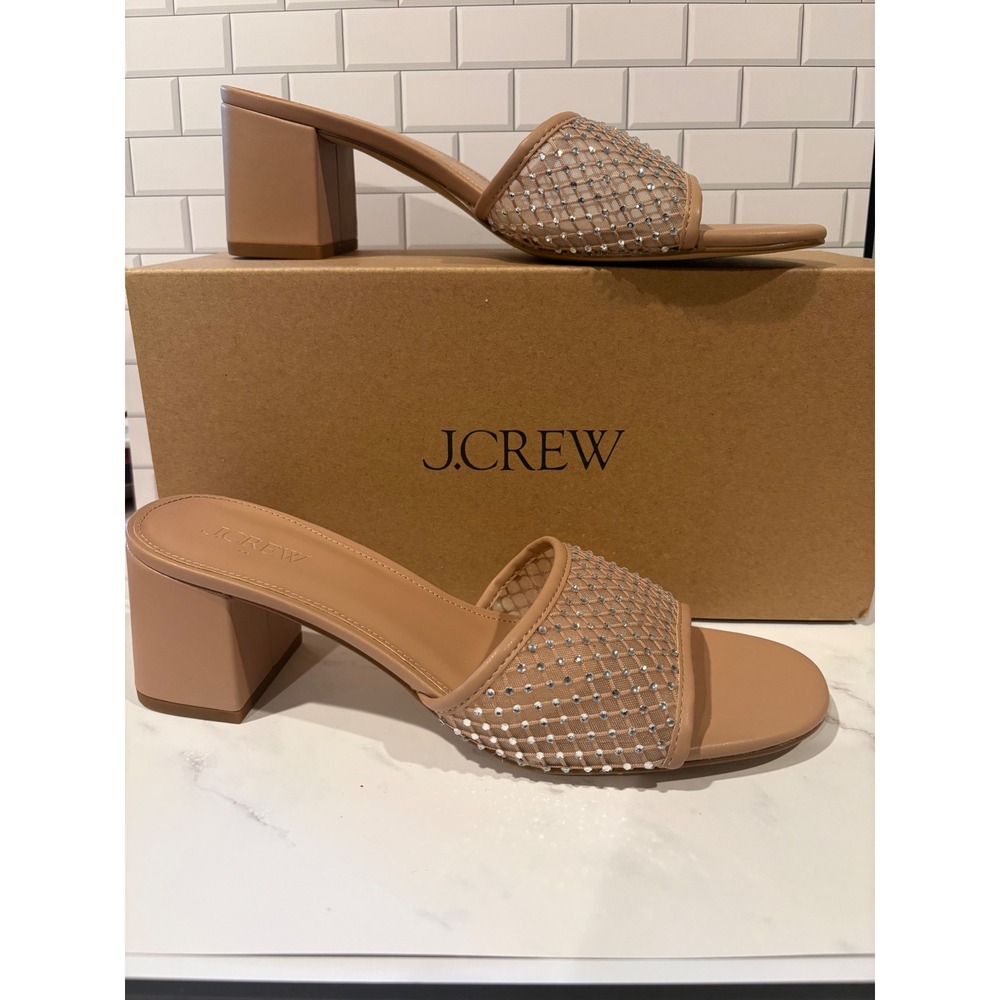 J.Crew Womens Tan Mesh Rhinestone Block Heel Slide Sandals Mules Size 9.5